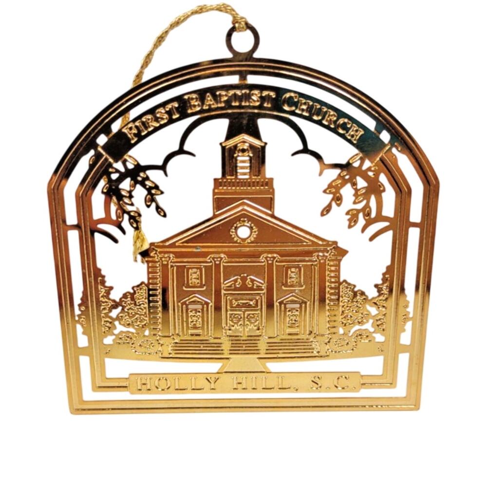 VTG Holly Hill SC 24K Gold Plate Flat CHRISTMAS ORNAMENT First Baptist Church